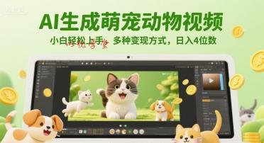 AI生成萌宠动物视频，小白轻松上手，多种变现方式，日入4位数