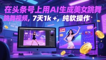 在头条号上用AI生成美女跳舞视频，7天1k+，纯软件操作