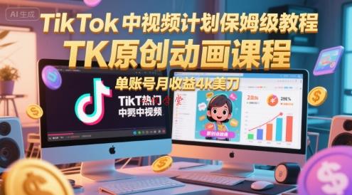 TikTok中视频计划保姆级教程，TK原创动画课程，单账号月收益4k美刀