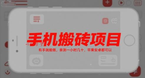 手机搬砖项目，有手就能做，亲测一小时几十，苹果安卓都可以
