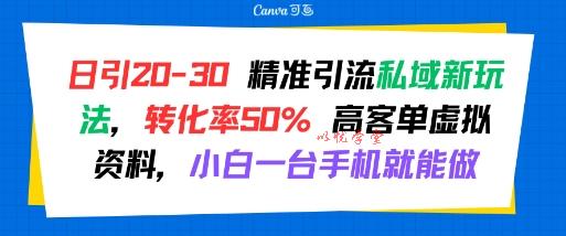 日引 20-30 精准引流私域新玩法，转化率50% 高客单虚拟资料，小白一台手机就能做