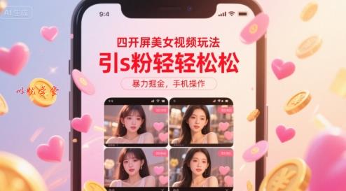 四开屏美女视频玩法，引s粉轻轻松松，暴力掘金，手机操作【揭秘】