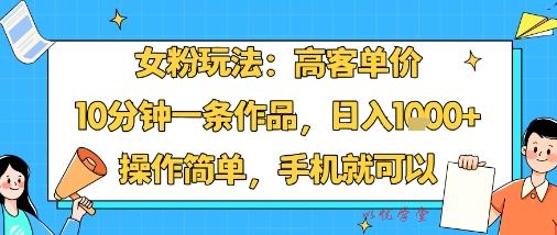 女粉玩法：高客单价，10分钟一条作品，日入1k+操作简单，手机就可以