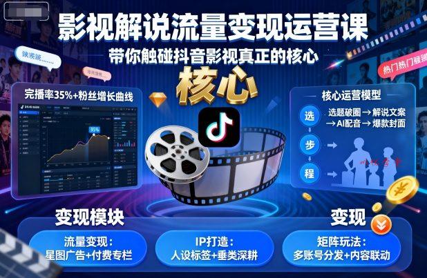 影视解说流量变现运营课，带你触碰抖音影视真正的核心