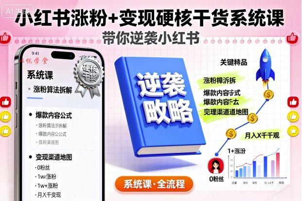小红书涨粉+变现硬核干货系统课，带你逆袭小红书