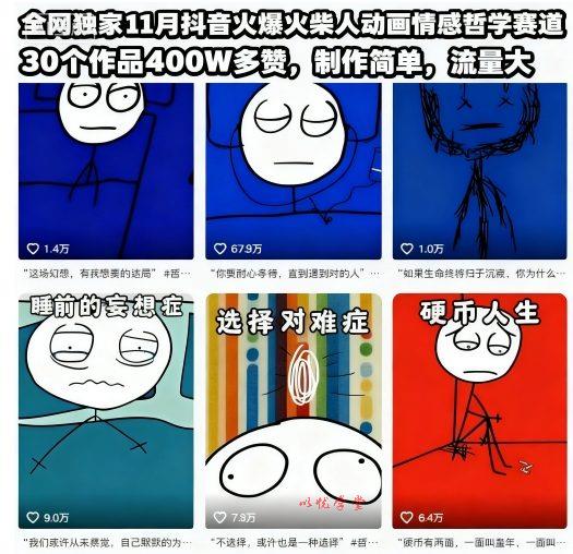 全网独家11月抖音火爆火柴人动画情感哲学赛道，30个作品400W多赞，制作简单，流量大【教学+素材】