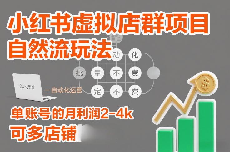 小红书虚拟店群项目，自然流玩法，批量自动化，稳定不费号，单账号的月利润2-4k，可多店矩阵