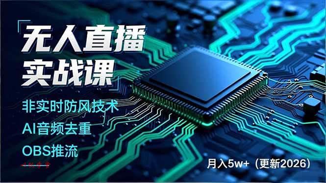 （17113期）无人直播实战课，非实时防风技术、AI音频去重、OBS推流，建立技术壁垒，月入5w+（更新2026）