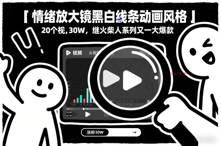 情绪放大镜黑白线条动画风格,20个视频,涨粉30W,继火柴人系列又一大爆款