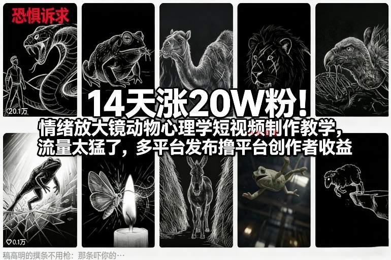 14天涨20W粉!情绪放大镜动物心理学短视频制作教学,流量太猛了,多平台发布撸平台创作者收益